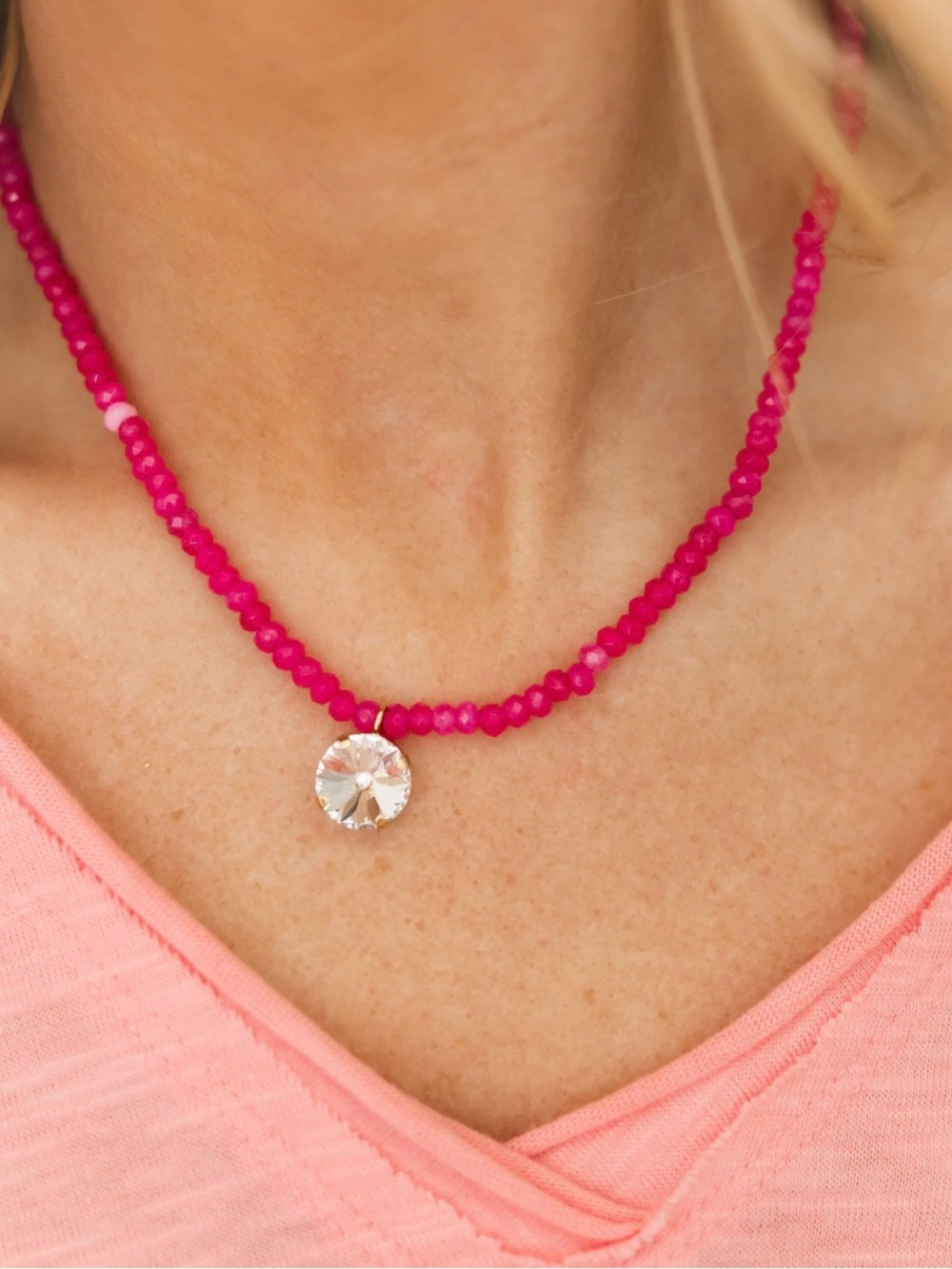 TOVA PaigeHot Pink Beaded Necklace with Clear Crystal Pendant